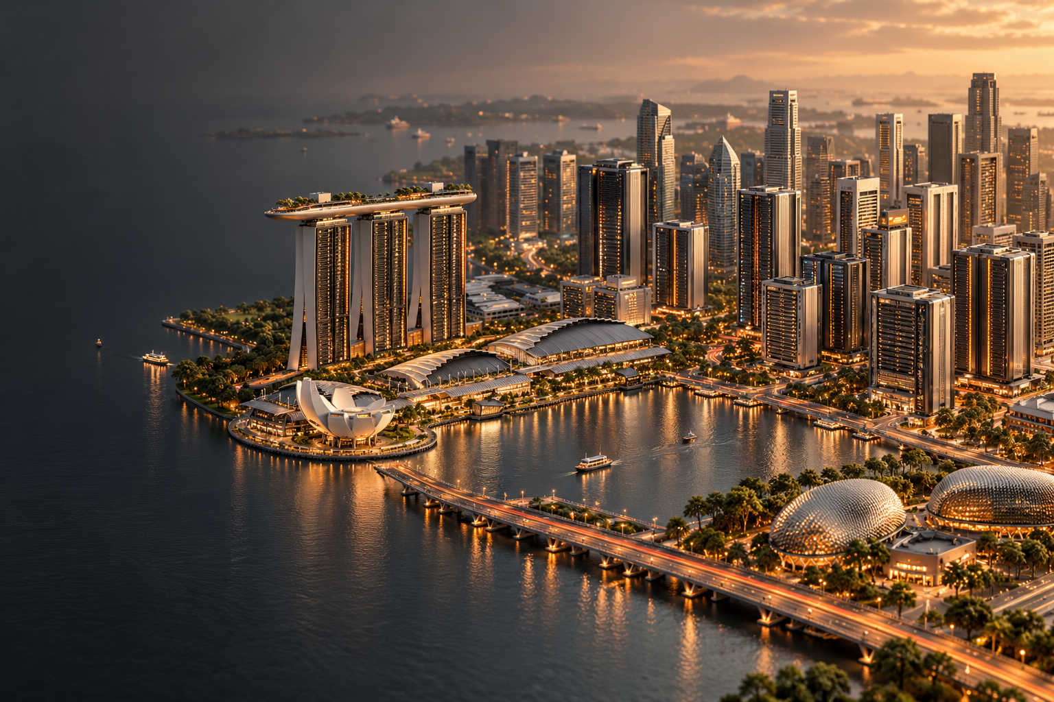Generated architectural concept of Singapore’s skyline woven with server towers and warm lights